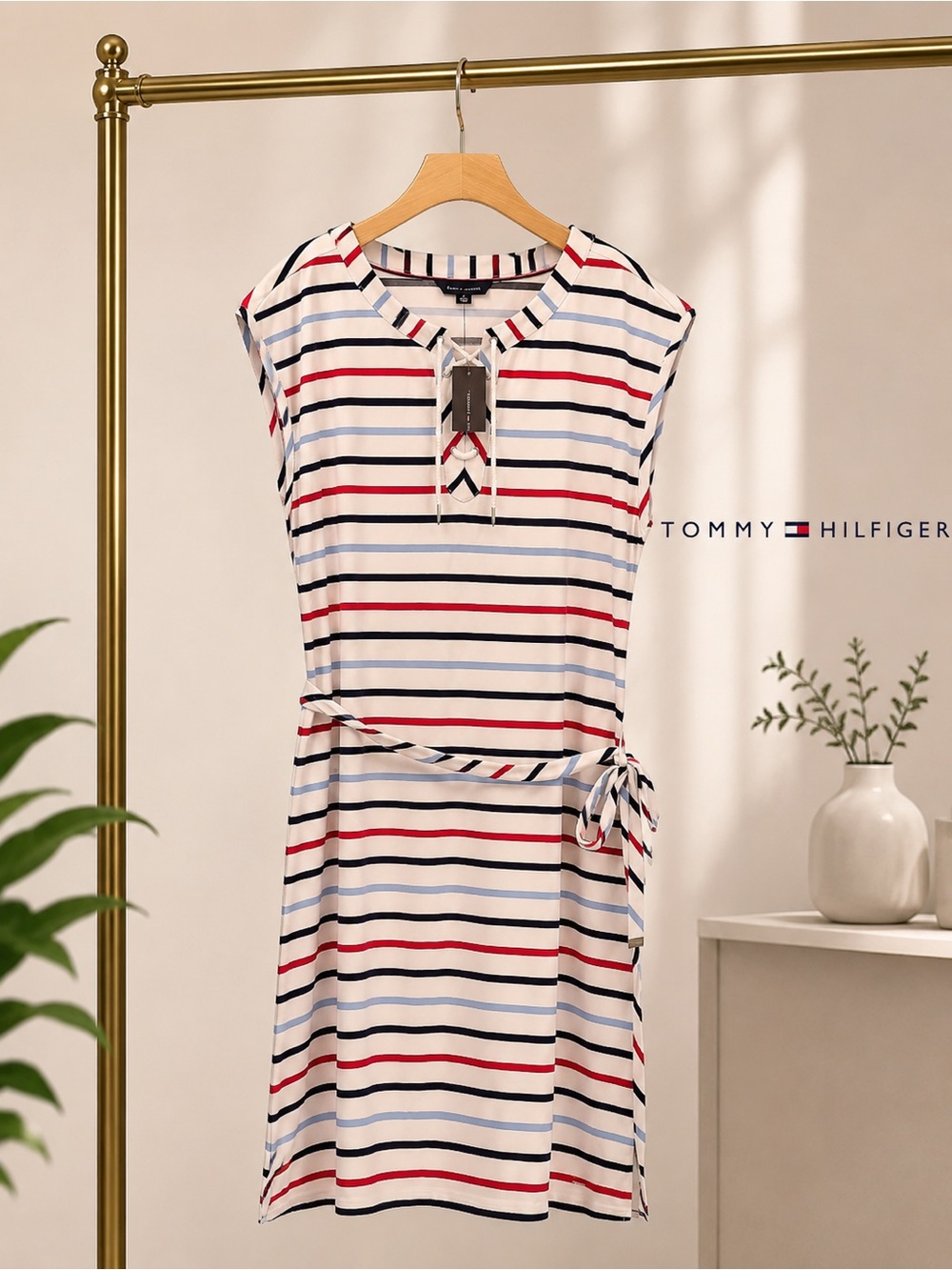 Tommy Hilfiger Striped Cap-Sleeve Tie-Waist Dress in Cream with Red & Navy - NWT